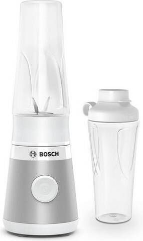 BOSCH Blender MMB2111T Mini, VitaPower Serie 2 tot 40.000 toeren/min, tritan togo fles 0, 6 l, drinkdeksel, lekvrij, breukbestendig, zilver/wit